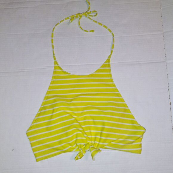 Aerie High Neck Crop Halter Swimsuit Top-Large-Tie Front-Yellow Stripe-Lined - Picture 1 of 8